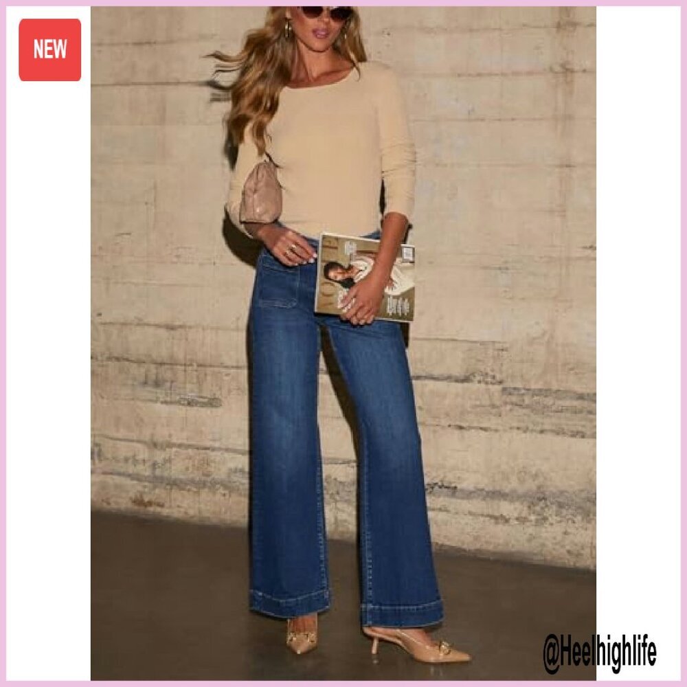 High Waisted Wide Leg Jeans Stretchy Denim Straight Leg Pants - Picture 6 of 6